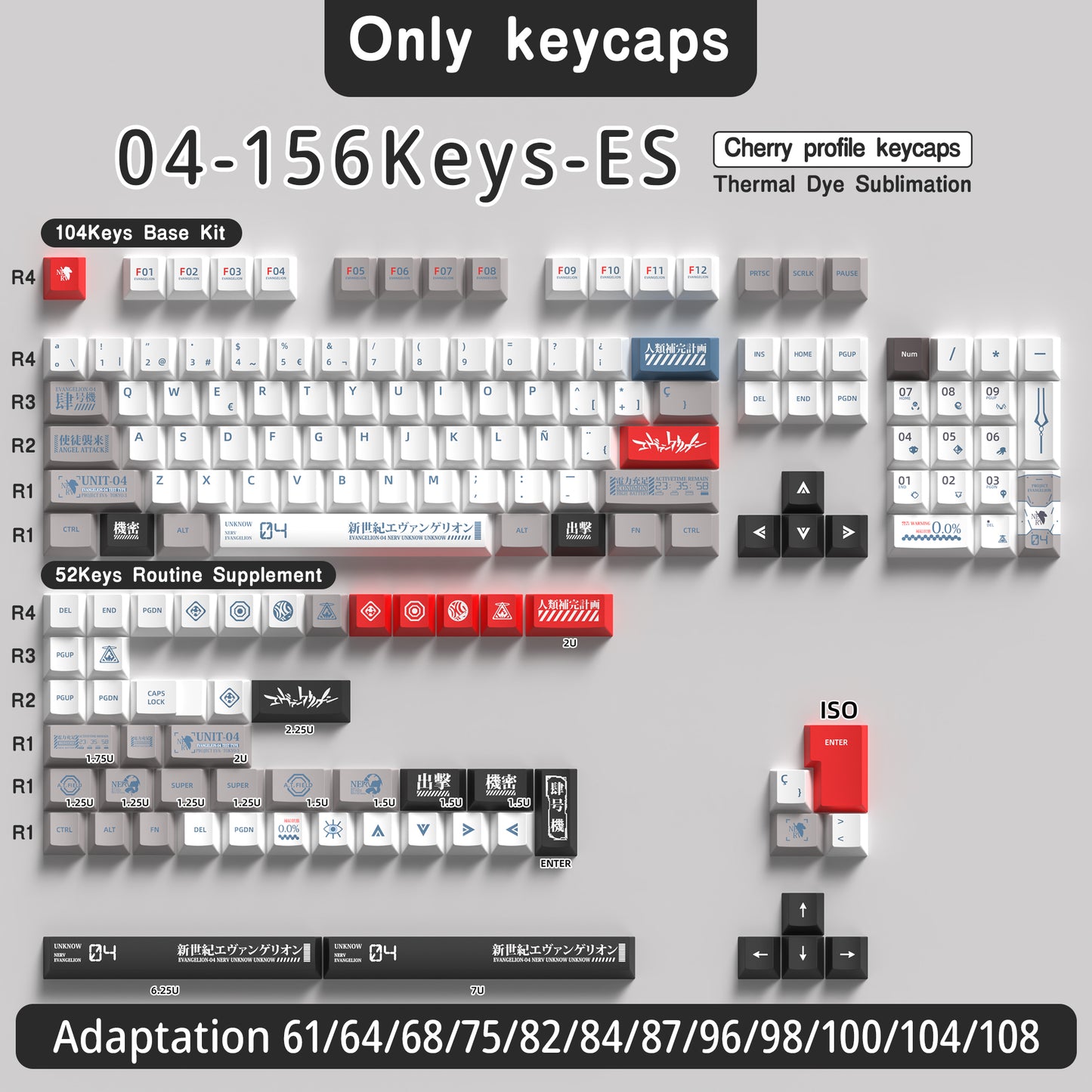 EVA Unit 04 PBT Retro Anime Style Cherry Profile White Keycap Set